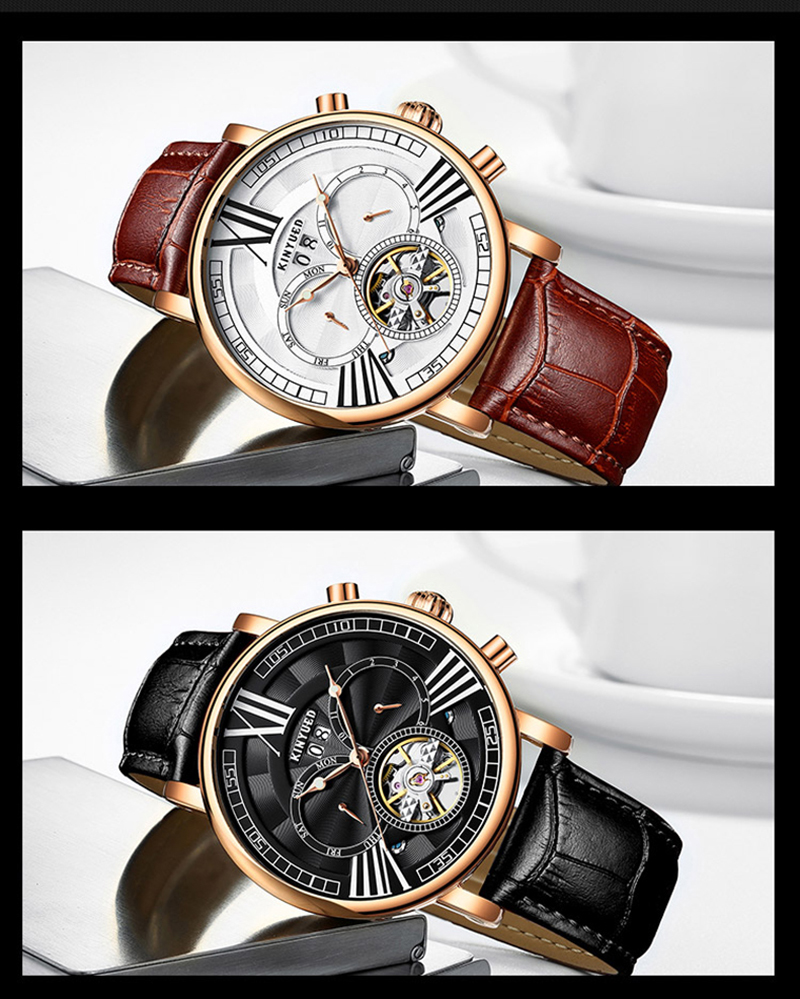 Kinyued J023 Fashion Leather Automatic Man Watches Tourbillon Calendar Chronograph Mechanical Watch