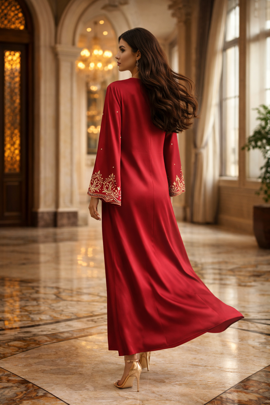 نمای پشت آستین شرابی دوزی شده عبایی جریان دار بورگوندی burgundy sleeve embroidered abaya flowing burgundy back view