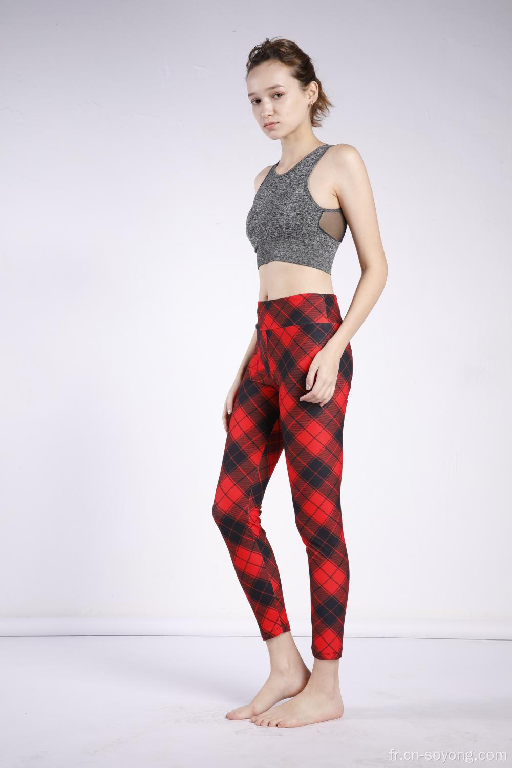 Legging taille haute élastique imprimé tartan pour femme