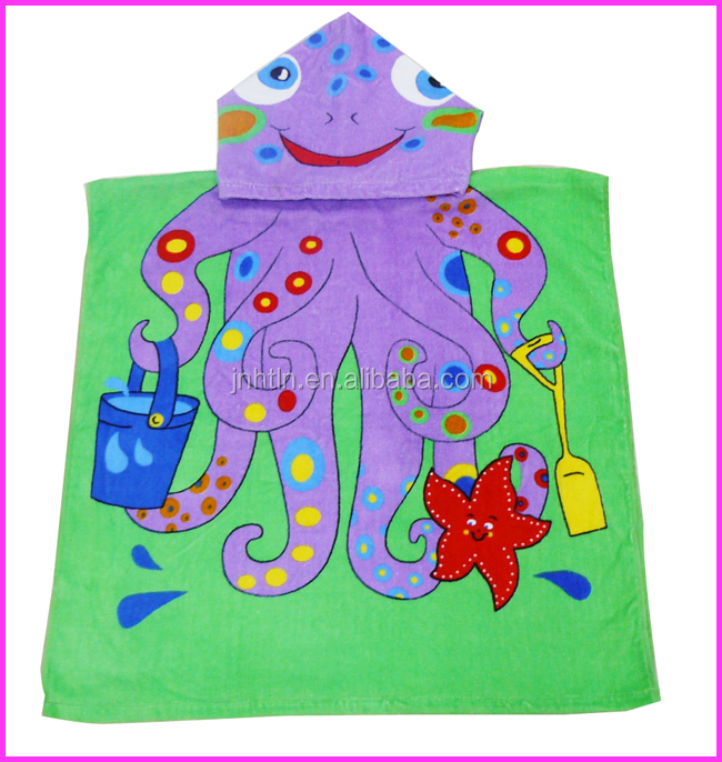 100% COTTON Octopus velour reactive printed beach towel poncho for kids