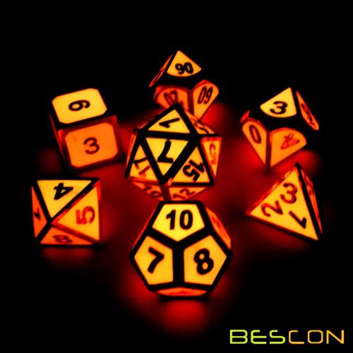 Bescon Super Glow in the Dark Metal Polyhedral Dice Set Golden and Rose, Luminous Metallic RPG Role Playing Game Dice 7pcs Set