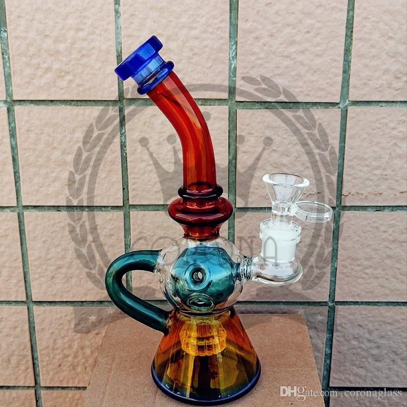 Beaker Bong 9inch color Recycler Pink glass bong matrix fab egg burner oil rig purple green blue black glass water pipes hitman bongs