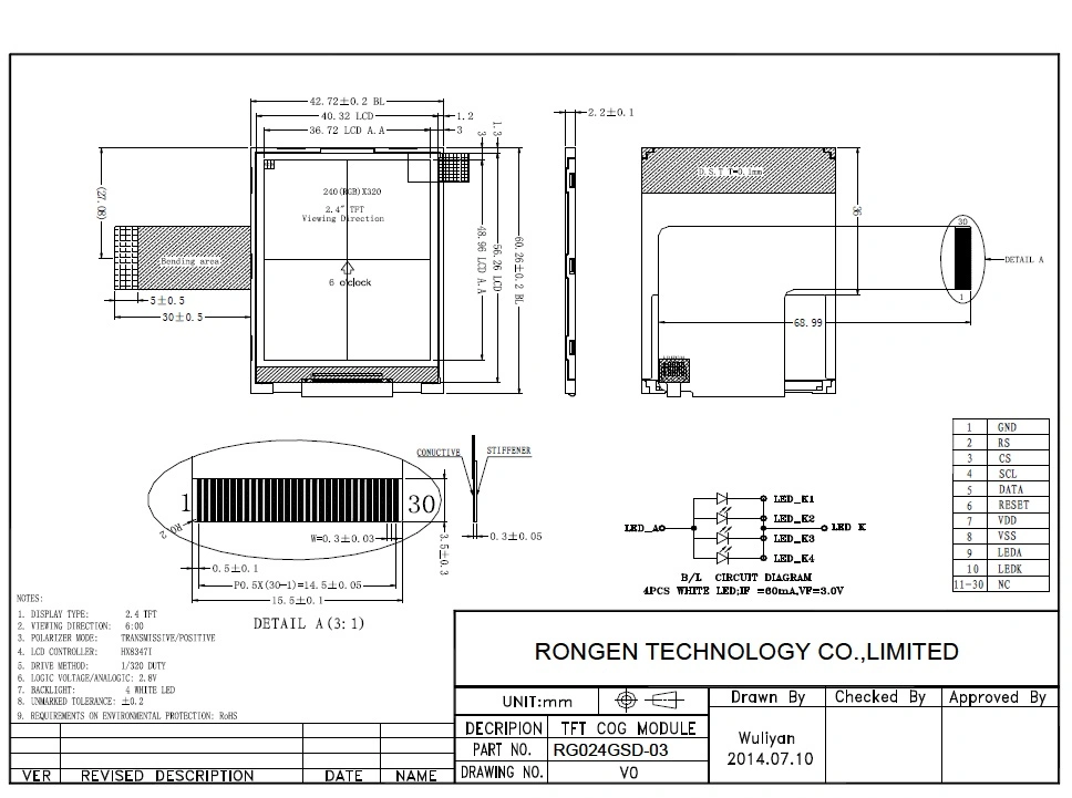 Ronen 2.4 Inch 240*320 TFT LCD Display for Hx8347I