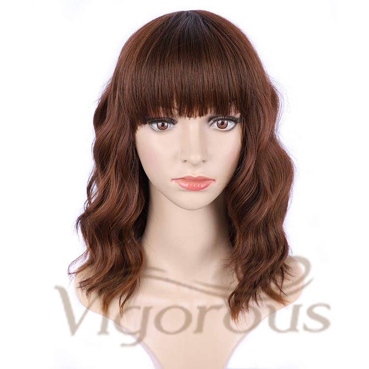 Vigorous Cheap Price Middle Long With Neat Bangs Brown Machine Made High Temperature Fiber For Black Women Synthetic Hair Wigs