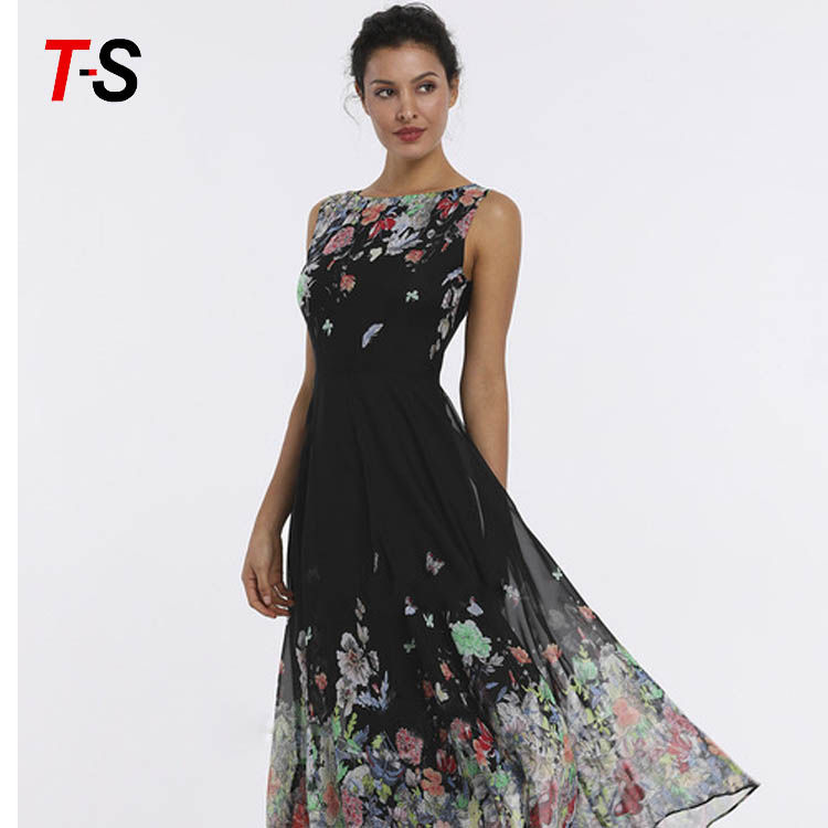 New 2019 print evening dress round neck sleeveless floral dress