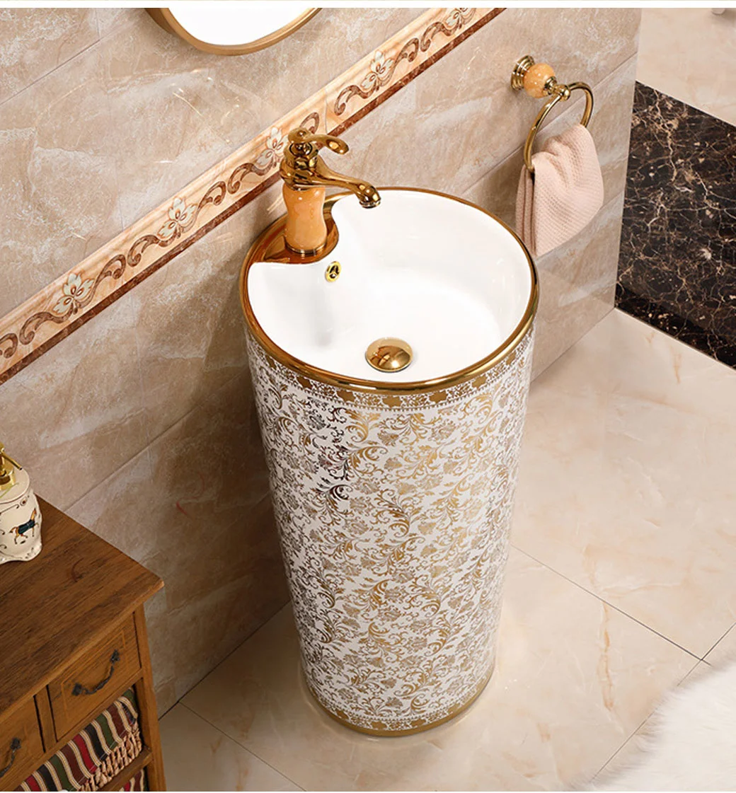 European-Style Golden Washbasin One-Piece Ceramic Pedestal Washbasin Floor-Standing Washbasin