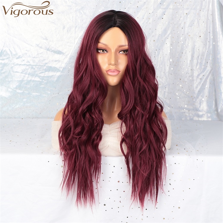 Vigorous Wholesale High Temperature Ombre Red Middle Part Wig Long Natural Wave Cosplay Synthetic Wig for Women