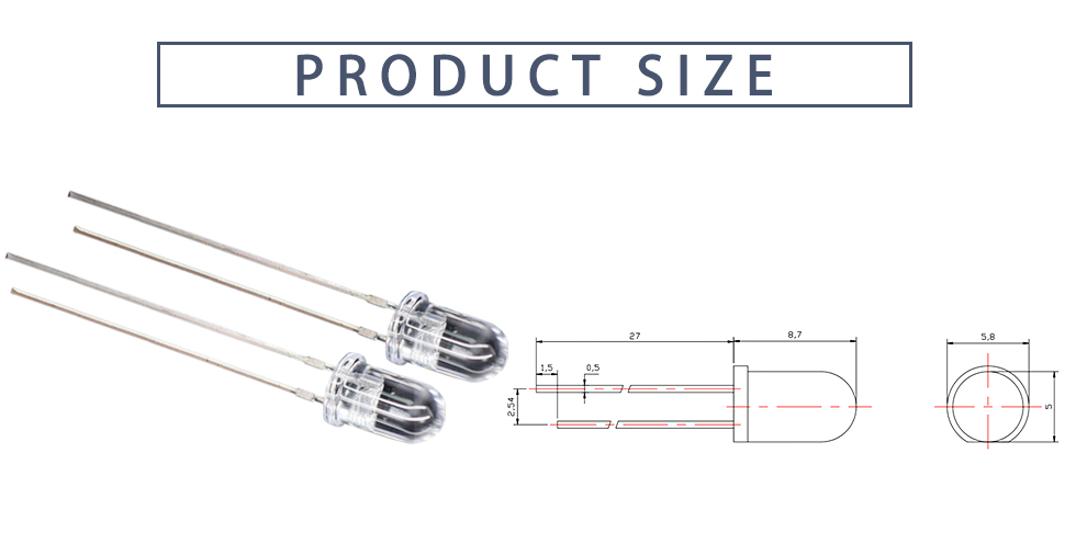 Size of 504IRC-131L 1300nm LED 5mm Infrared LED Emitter Through-hole