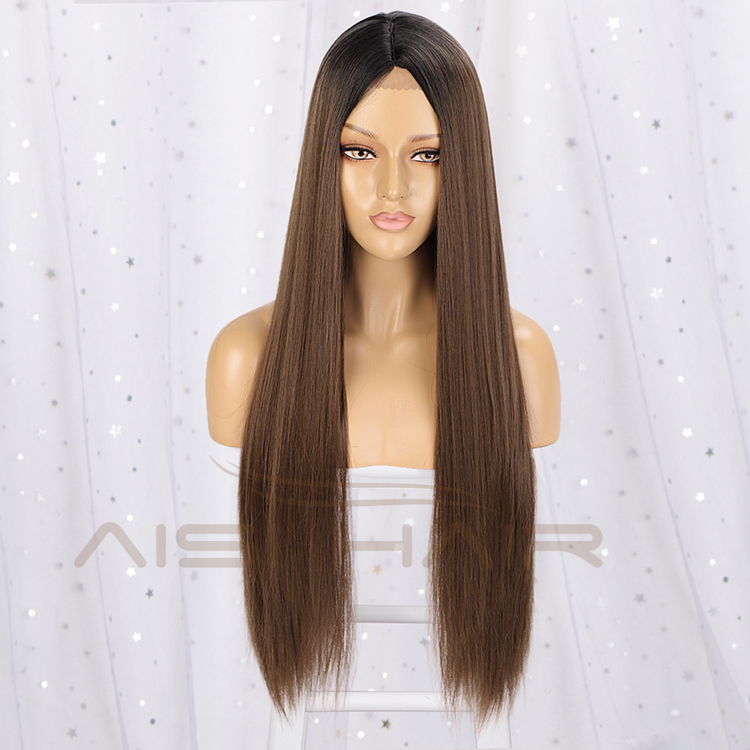 Aisi Hair 26 Inch Long Silky Straight Swiss Lace Wig Wholesale Middle Part Ombre Brown Synthetic Hair Wigs For Black Women