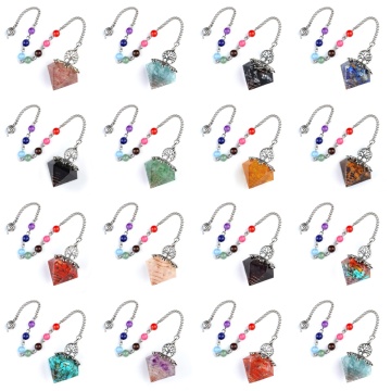 Gemstone Chip Stone Resin Silver Diamonds Pendant & Pendulum 7 Chakra Chain