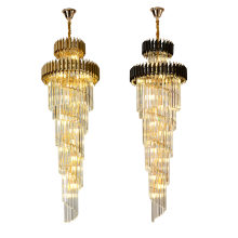 Gold and Black Luxury Villa Hotel Loft Stair Chandelier: Modern Lighting with Long Crystals