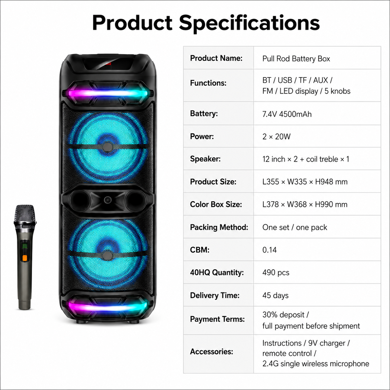 Mikrofonlu Taşınabilir Arabalı Parti Hoparlörü Portable Trolley Party Speaker With Mic