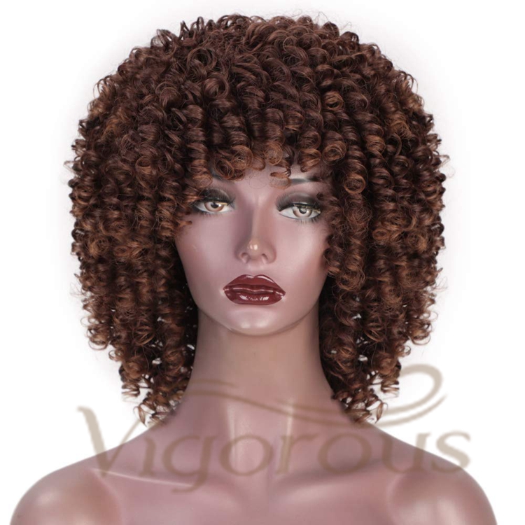 Vigorous Wholesale Short Kinky Curly Fluffy Brown Machine Made Heat Resistant Fiber Cosplay For Black Women Synthetic Hair Wigs