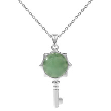 Green Aventurine Round Cabs Silver Alloy Key Pendant Necklace Choker Jewelry