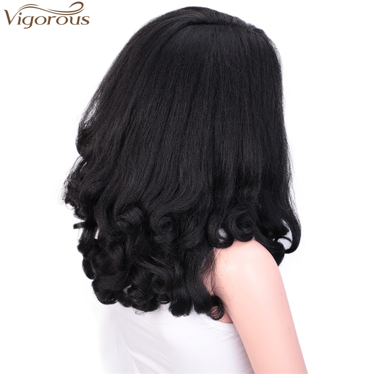 Vigorous 20 inch Synthetic High Temperature Fiber Afro Yaki Straight Wig Wave Ends Kinky Fluffy Hair Wig Wholesale Price