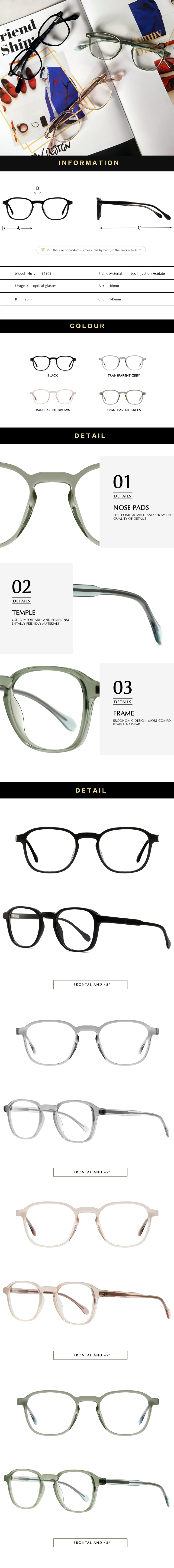unisex light acetate optical glasses frame