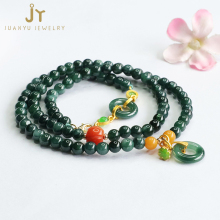 Blue Myanmar Jade Beaded Necklace with Tassels for Women: Real Stone Round Donut Jadeite Necklace