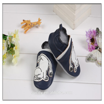 black italian leather moccasin baby shoes with dog pattern