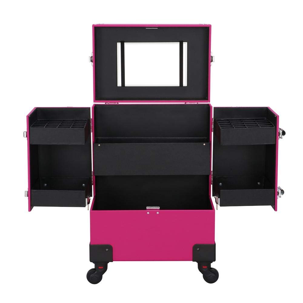 Pink Extra Large Space Storage Beauty Box Leather Wheeled Rolling Makeup Artist Travel Case Train Case Hairdresser Box Mirror