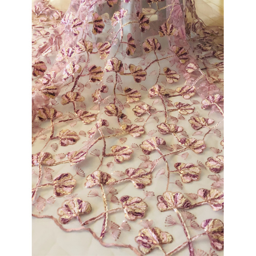 Pearl Flower Edge Fabric Bordado de bordado Mesh Tul Lace Diamond Pink Flores