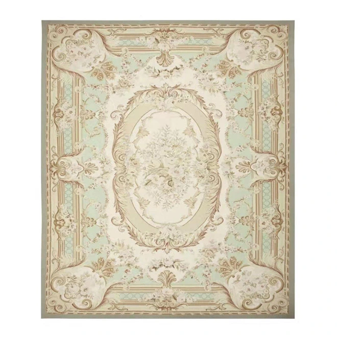 Big Room Extra-Large King Size 17X20 Light Green French Wool Aubusson Carpet Flat Weave Hand-Woven