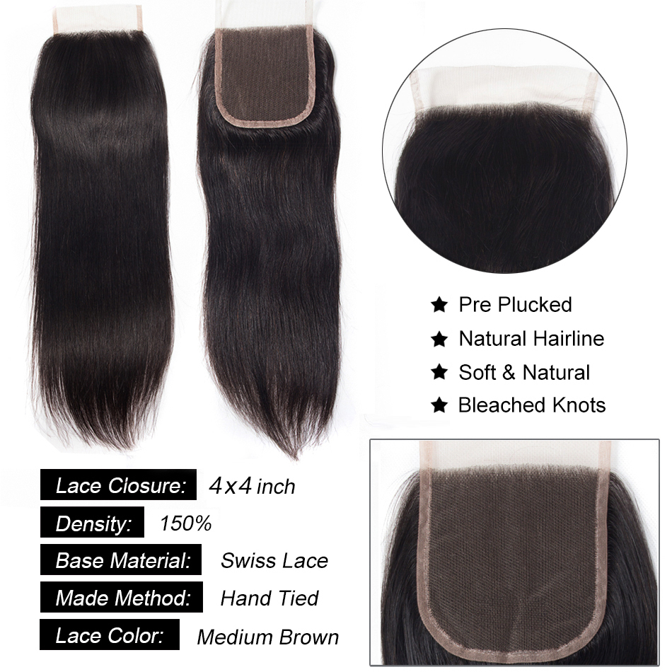 100% Human Hair 4x4 Straight Swiss Lace Hair Closure Piece Thick Smooth Silk Base Closure with Baby Hair