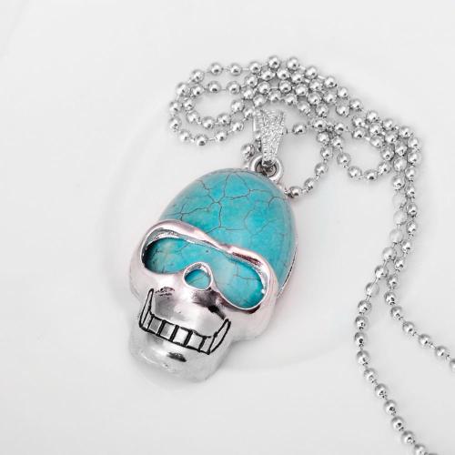 Turquoise Skull Gemstone Pendant Necklace with Silver chain