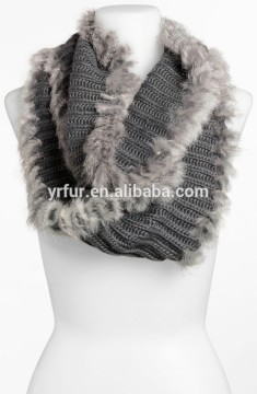 YR923 Lavish rabbit fur trim knit scarf/Warm Hand Made Wool Scarf
