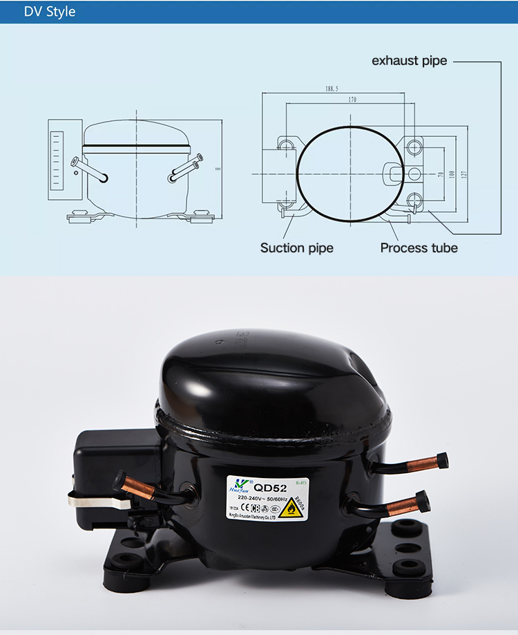 Small Vibration R600a QD52 1/10HP Freezer Refrigerator Compressor