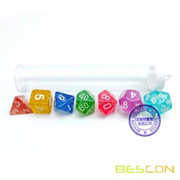 Surtido de colores brillantes Glitter Polyhedral Dice 7pcs Set, juego de dados Glitter RPG d4 d6 d8 d10 d12 d20 d%, embalaje de tubo transparente