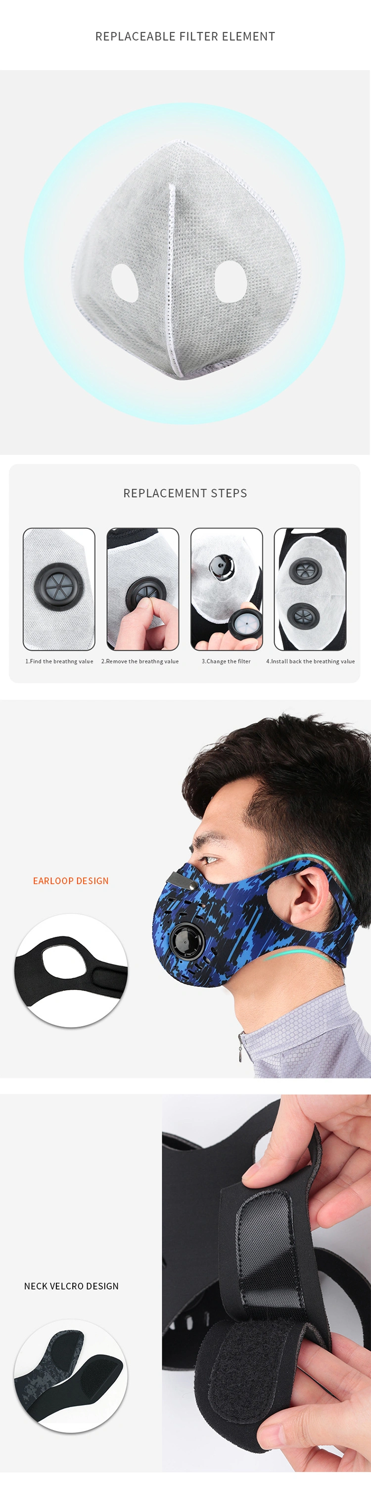 Wholesale Unisex Washable Reusable Outdoor Breathable Running Cycling Sports Face Mask with Filters