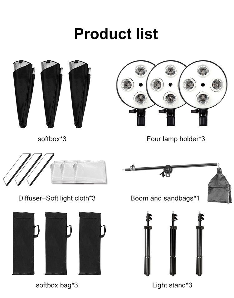 Kit Pencahayaan Kotak Lembut Berterusan Studio Fotografi dengan pemegang lampu Cantileve & 4 dalam 1 E27 untuk rakaman Produk Potret Video Foto