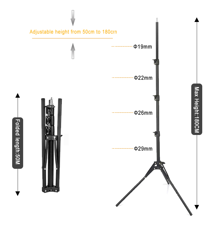 70,9"/180 cm aluminiumlegering fotografering Omvänd fällbar benlampa Stativ för reflektor, softbox, LED-ljus, ringljus, paraply