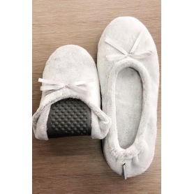 Flat grey flannel slippers with bow for women