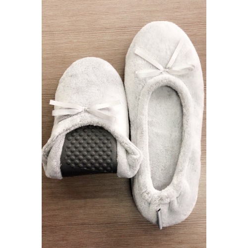 Flat grey flannel slippers with bow for women