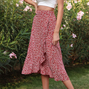 Red Floral A Line Midi , Summer Bohemian Clothing, Birthday Skirt, Minimalist, Gift for Her