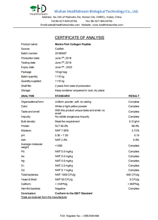 Kosher/Halal/ISO Edible marine hydrolyzed fish collagen peptide powder