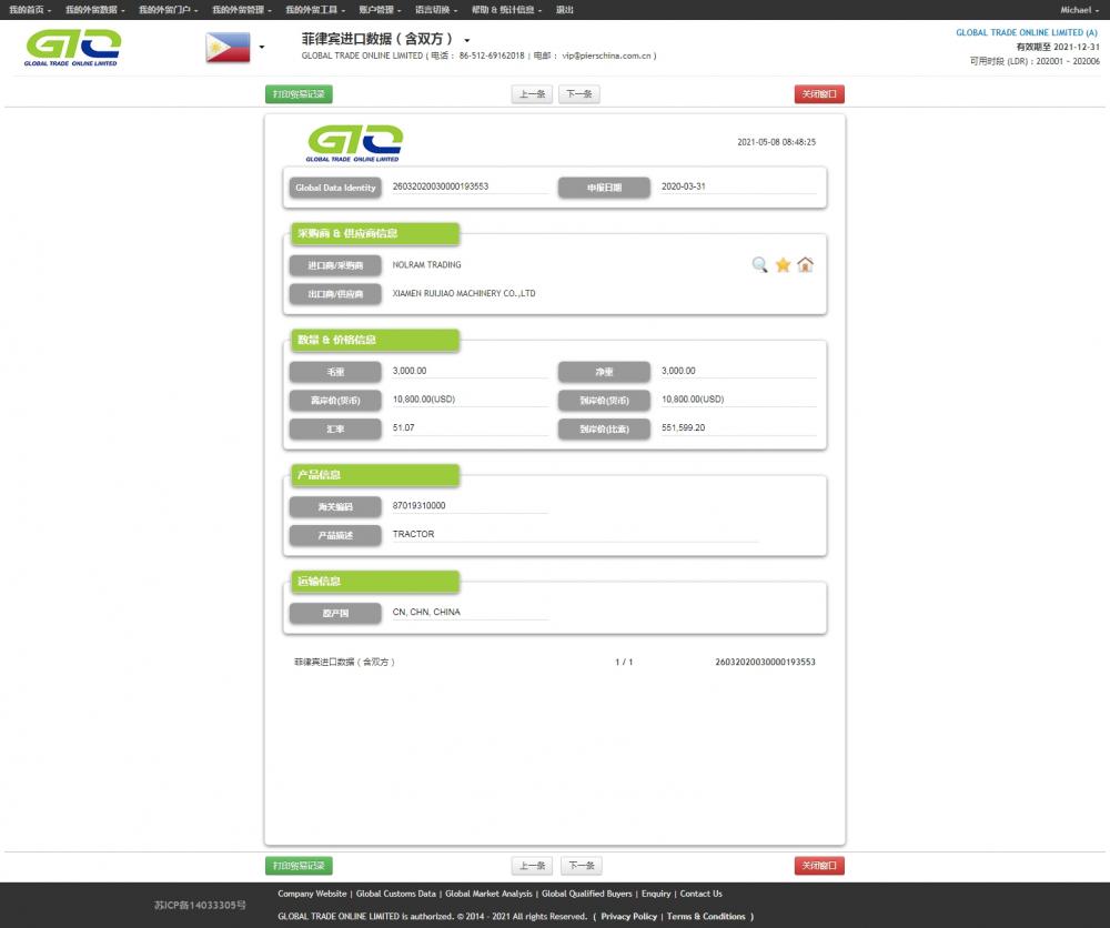 PHLIPINE IMPORT DATA SAMPLE FOR TRACTOR