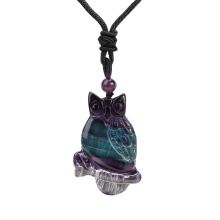 Fluorite Handmade Craved Owl Pendant Necklace Adjustable Rope
