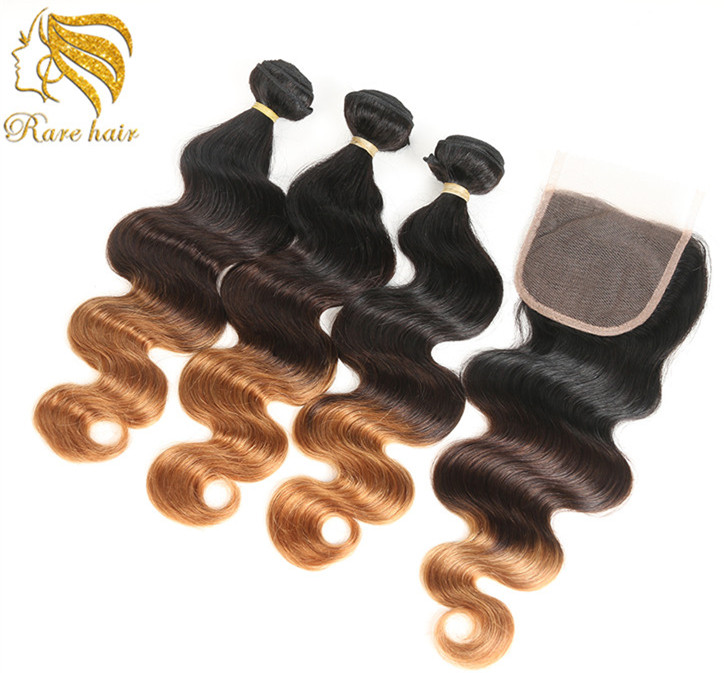 Classic Natural Pre Dyed Ombre Color Brazilian Body Wave Hair Bundles With Closure 1B 4 30  Human Hair Bundles with Lace Closure