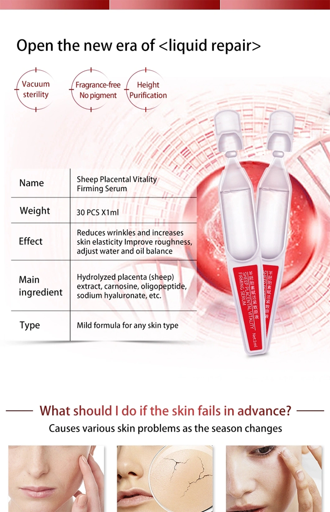 Organic Solution Lifting OEM Sheep Placenta Serum for Women Beauty