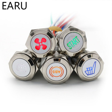 16/19/22mm Chromed Metal Push Button Switch LED Light DIY Logo Symbol Icon Signal Customization Waterproof Car Power Switch 12V