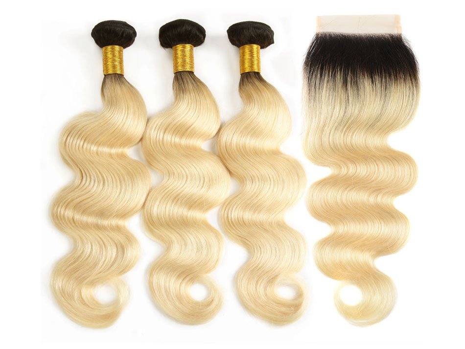 Lsy Roots Human Hair Weave Sew in Virgin Human Hair Bundles with Closure Brazilian 1B 613 Honey Platinum Blonde Black Remy Hair