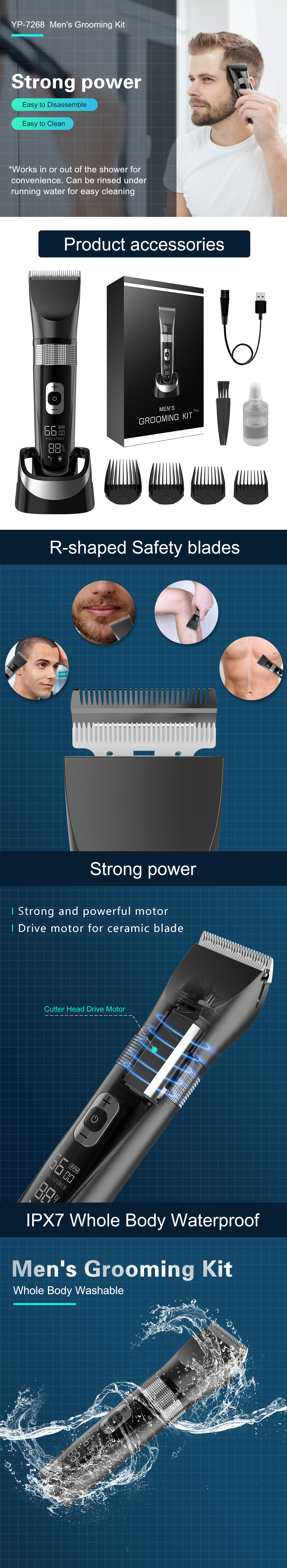 Low Noise Rechargeable Electric Hair Clipper and Trimmerer： 	 7268 Operation： 	 Corded And Cordless Operation 	 Blade Material： 	 Stainless Blade+Ceramic Blade Working Time： 	 Over 70mins 	 Product Size： 	 179X44X41mm Charging Time： 	 Around 90mins 	 Giftbox Size： 	 165X54X232mm Battery： 	 Li-ion 3.7V 1200mAh 	 Carton Size： 	 480X475X355mm(32pcs/ctn) Output： 	 5V/1A 	 Certification： 	 FCC/EMC/RoHS Waterproofing: 	 IPX7 	 Speed： 	 5000rpm,5500rpm..To 7000rpm Adjustable Blade Length: 	 0.8, 1.0,1.2, 1.4, 1.6, 1.8mm 	 Colour： 	 Customized Comb： 	 3mm,6mm,9mm,12mm 	 Charge Port 	 USB
