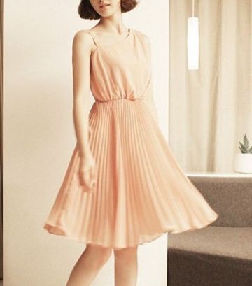 Nude Chiffon Midi Evening Dresses , Sleeveless One Shoulder Pleat Skirt Dress