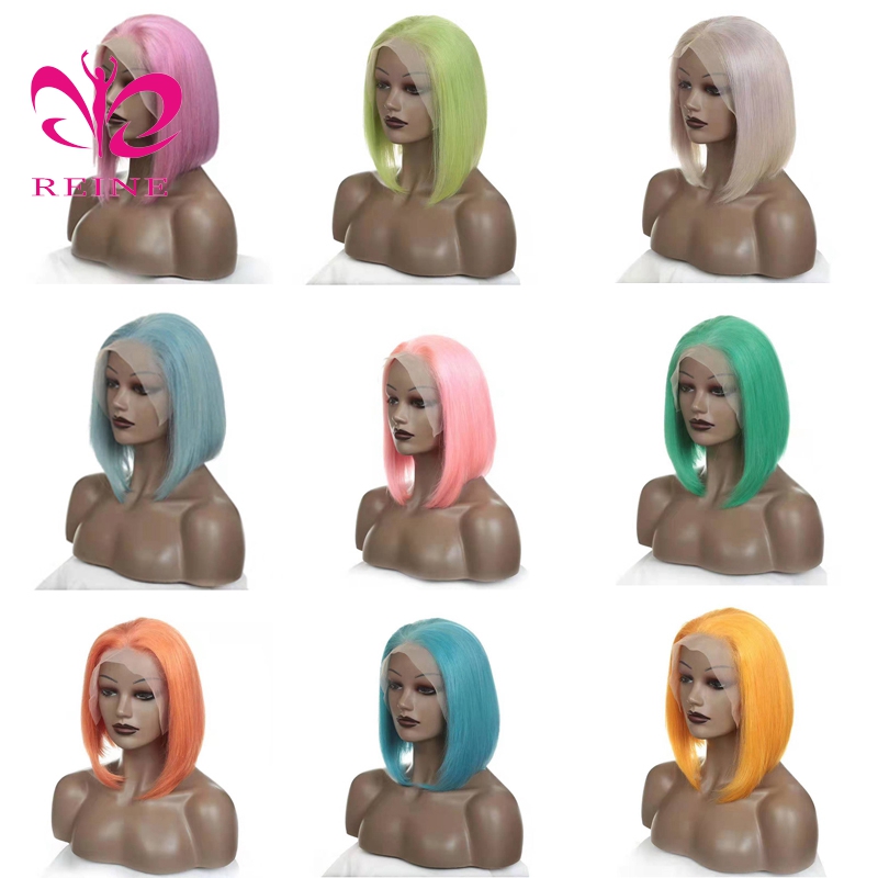 REINE Wholesale Pink Orange Blue Red Grey  Blond Fancy Color Wig Brazilian Virgin Human Hair Long Colored Lace Frontal Bob Wig