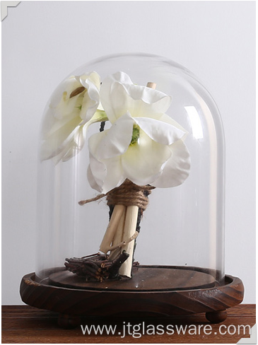 Handmade Clear Flower Glass Dome Wood Base