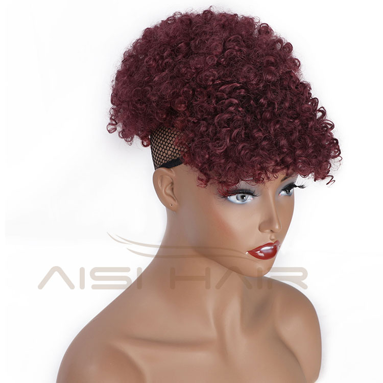 Aisi Hair New Design Kinky Curly Puff Red Color Hair Bun With Bangs Afro Short Curly Synthetic Hair Extension For Black Women