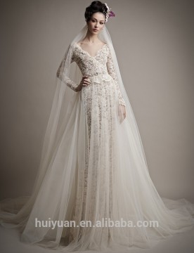 long sleeve deep V collar lace elegant informal a line wedding dresses