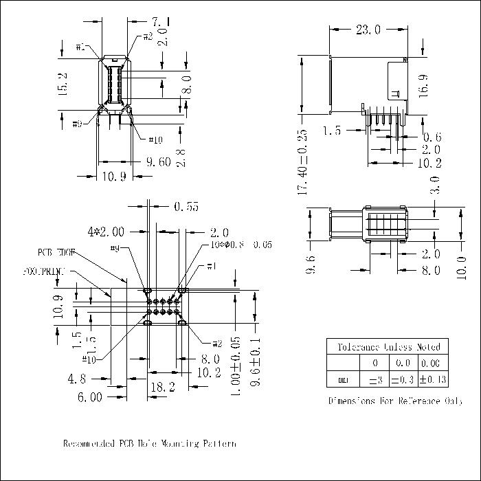 IEFR05 1394 10P Receptacle Angle Side-Entry DIP